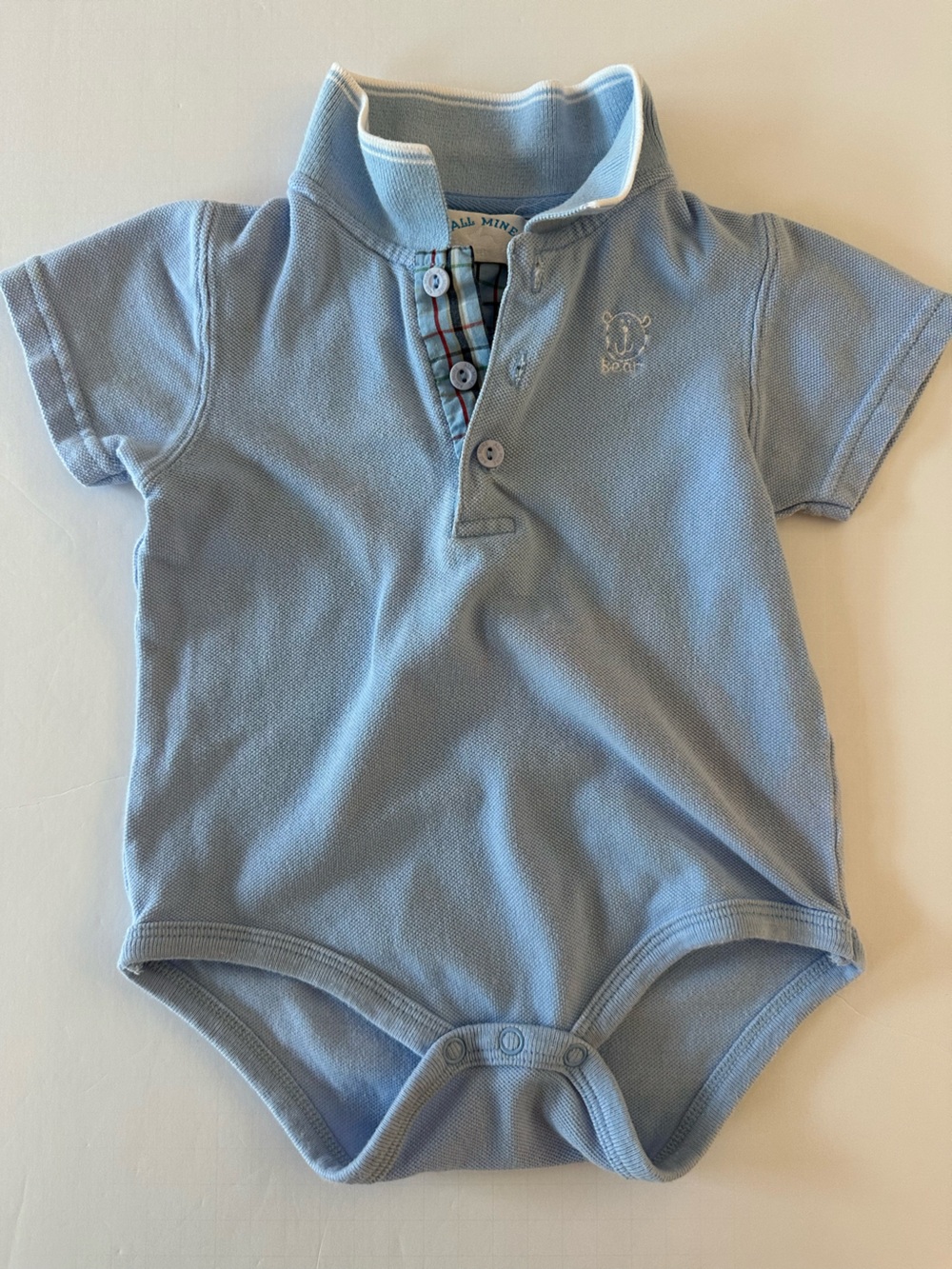 All Mine Baby Boy Cotton Knit Polo Romper with Snaps Size 12 Months Light Blue